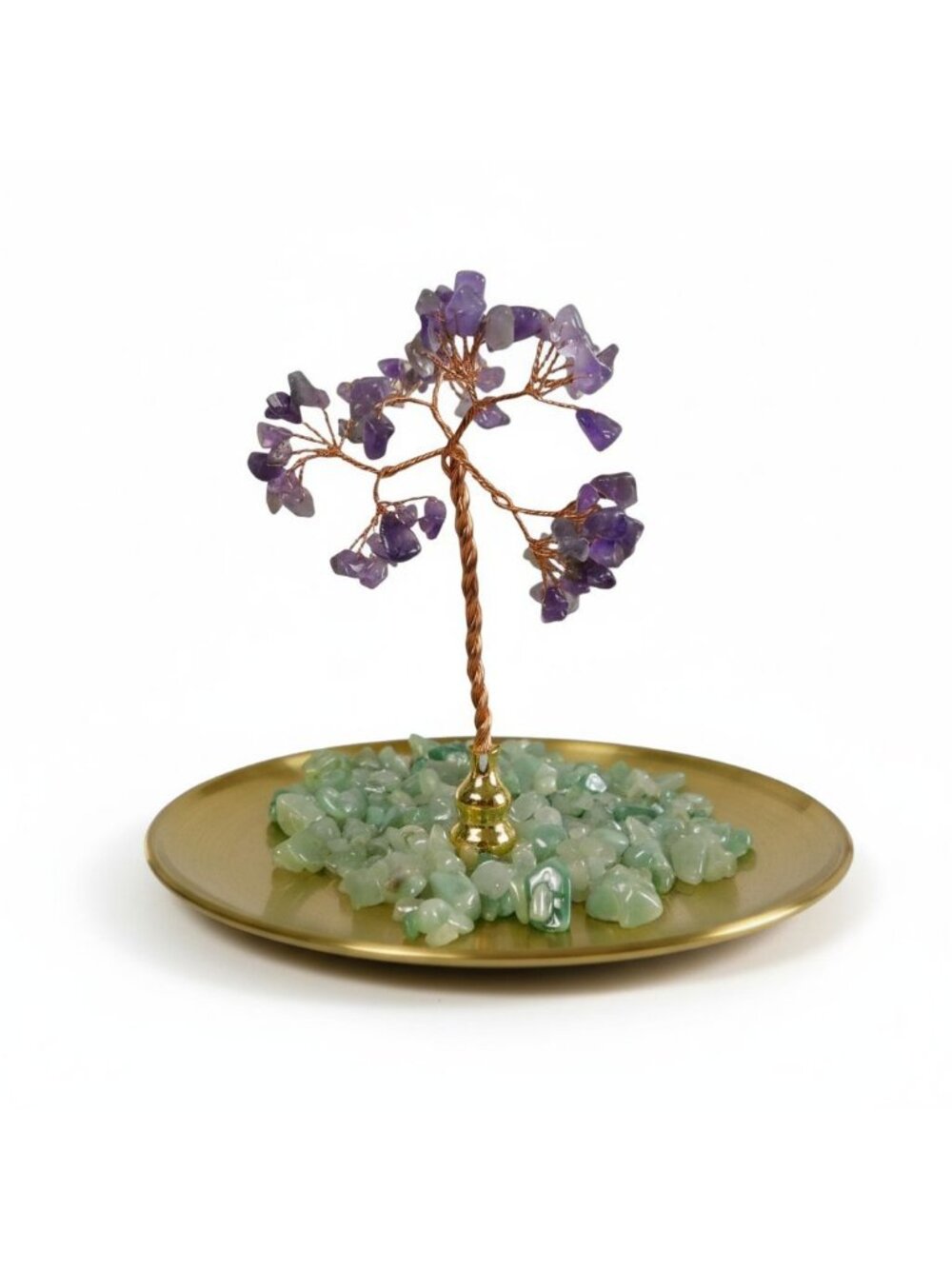 Amethyst & Green Aventurine Crystal Bonsai Tree On Gold Base 3.5" Diameter For H